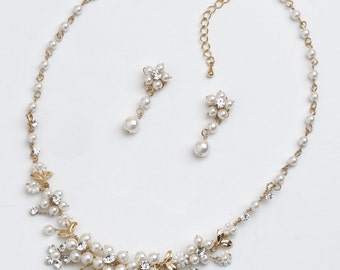 Gold Pearl Jewelry Set, Gold Bridal Jewelry Set, Gold Wedding Jewelry Set, Pearl Jewelry Set, Gold Bridal Jewelry, Wedding Jewelry ~JS-578