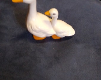 2 white ceramic ducks handpainted
