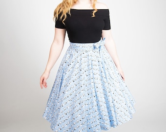 Womens 1950s, Panda full circle skirt, 50s novelty skirt, pandas, retro skirt, rockabilly skirt, blue cotton skirt, made to order