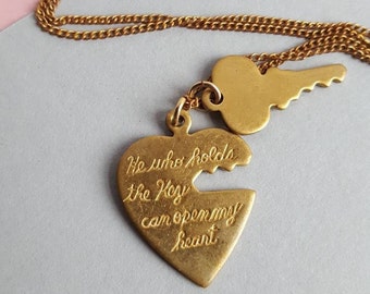 He who holds the key vintage charm brass necklace