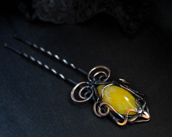 Yellow wedding hair pin Yellow hair accessory Natural stone hair jewelry Hair stick Hair fork Yellow agate hair pin Copper hair piece bridal