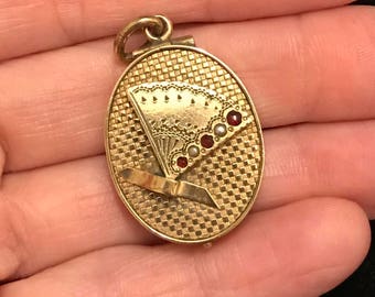 Antique Victorian Aesthetic Period Jeweled Fan Locket With Castle Scene on Reverse