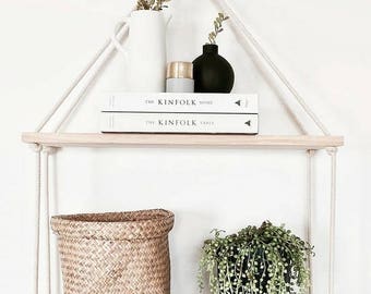 Timber & Rope Hanging Shelf - Double Tier Wood Shelf - Hanging Timber Raw Pine Shelf Shelve Wall Storage Scandi Boho Decor Gift Interior