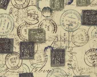 Neutral Correspondence Fabric Yardage. Eclectic Elements by Tim Holtz for Coats and Clark. Cotton Quilt Fabric. Postage Stamp Fabric Yardage