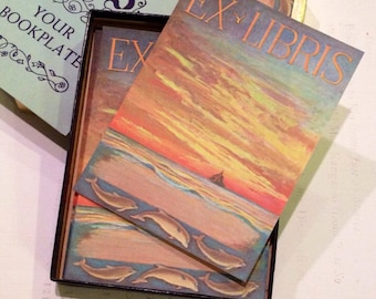 Vintage Antioch Bookplate 50 labels "Sunset With Dolphins Ex Libris" Made in USA