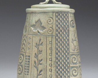 Small ceramic vessel,Lidded Jar,Home Decor, Nature Inspired, hand made, glazed patina finish, one of a kind