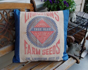 Vintage Seed Sack Pillow Cover - Blue Denim 20"x20"