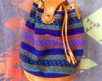 Vintage woven fabric and leather bag