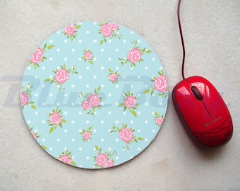 Light Blue Pink Rose Mousepad, Office Mousepad, Computer Mouse Pad, Fabric Mousepad