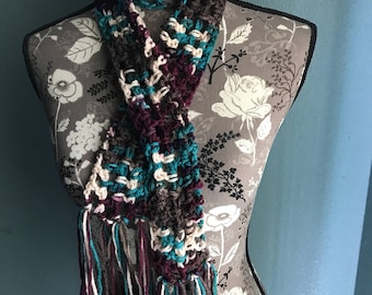 Lace Pattern Crochet Skinny Scarf in Multi Colors with Fringe Boho Style