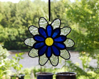 Stained Glass Flower Suncatcher Blue/Clear Textured/Yellow