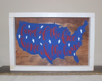 Land of the Free, Home of the Brave Sign - White Frame