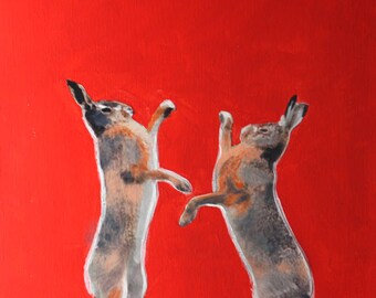 Acrylic Painting of Fighting Hares
