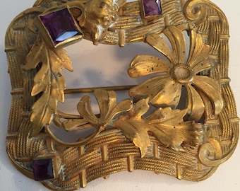Victorian Art Nouveau Style Sash Brooch with Floral & Basket Weave Design in Brass and Amethyst Glass Stones...Large Sash Pin/Brooch