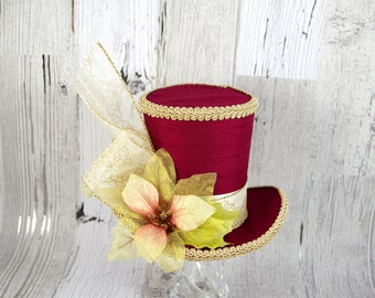 Burgundy and Gold Poinsettia Large Mini Top Hat Fascinator, Alice in Wonderland, Mad Hatter Tea Party HatDerby Hat, Christmas, Holiday