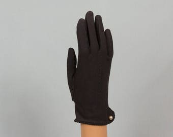 Brown gloves, Vintage, 8 inches long, Excellent condition, Pearl button tab, Stretch nylon, One size, Pristine condition, Nice wrist opening