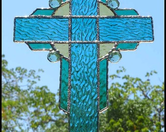 Stained Glass Cross Sun Catcher, Glass Suncatcher, Cross Suncatcher, Cross Sun Catcher, Christian Decor, Mother's Day,Christian Gift, 9520AQ
