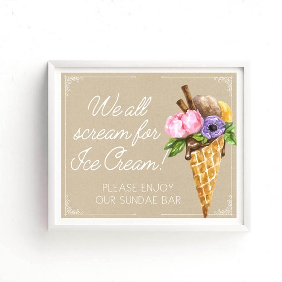 Ice Cream Sign-Printable, We All Scream For Ice Cream, Ice Cream Bar, Sundae Bar, Wedding Bar Sign, Love is Sweet, Dessert Table Sign