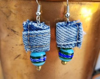 Unique Recycled Denim Nubs with Recycled Blue & Green Beads