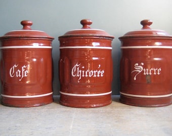 3 vintage French canisters, enamel canisters, kitchen storage, kitchen decor, brown, white, cafe, chicoree, sucre