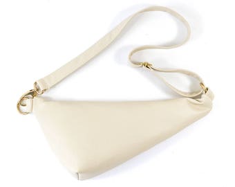 Emi - Handmade Cream Leather Shoulder Bag Fanny pack Zip Pouch Purse