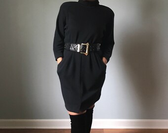 Vintage 80s Dolman Sleeve Black Sweater Dress