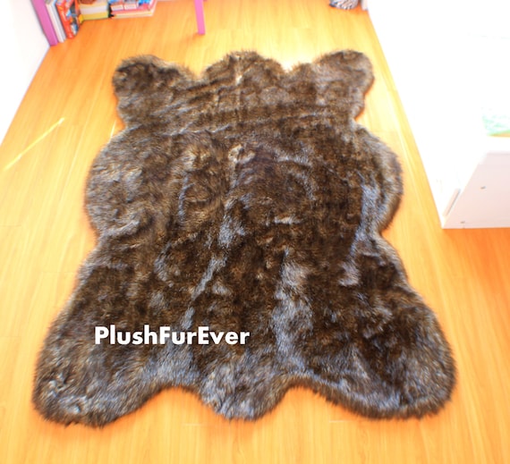 Black Tip Wolf Fake Faux Fur Rugs Plush Large Rug Bearskin