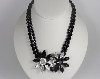 Vintage Miriam Haskell Black Glass & Rhinestone Necklace