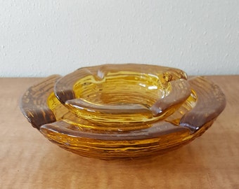 2 Vintage Ashtray Madman 1960's Ashtrays Gold Crinkle Glass Soreno Pattern by Anchor Hocking