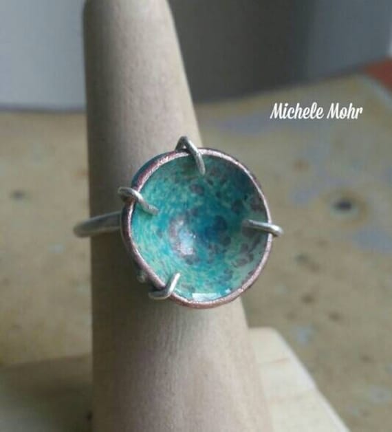 Adjustable Sea Foam Vitreous Enamel Copper and Sterling Silver Ring