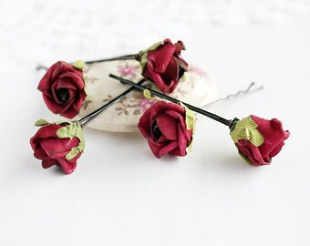 Burgundy Rose Hair Pins, Deep Red Bridal Pins, Marsala Wedding Pins, Flower Hair Pins, Wedding Bobby Pins, Rose Hair Pins, Bridal Bobby Pins