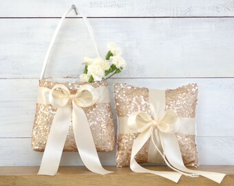 Ring Bearer Pillow and Flower Girl Basket Set -Ring Bearer Pillow, Flower Girl Basket, Champagne Sequins, Wedding Pillow, Gold Flower Girl