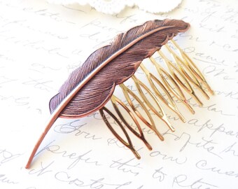 Copper Feather Hair Comb - Woodland Collection - Whimsical - Nature - Bridal - Wedding Hair