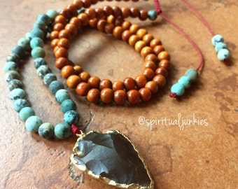 108 Bead Redwood, African Turquoise + Citrine Arrowhead Spiritual Junkies Yoga and Meditation Mini Mala