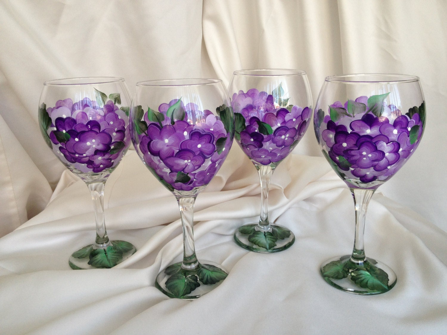 Hand Painted Wine Glasses Purple Hydrangea 20oz Set Of 4