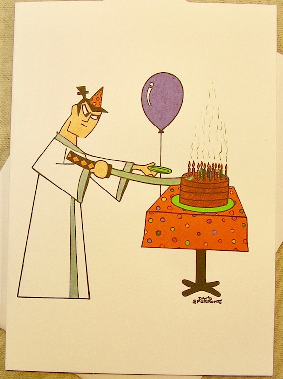 Samurai Jack Birthday Cake. Cutting cake with a sword. Regular