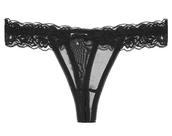 Black Mesh and Lace Crotchless Thong