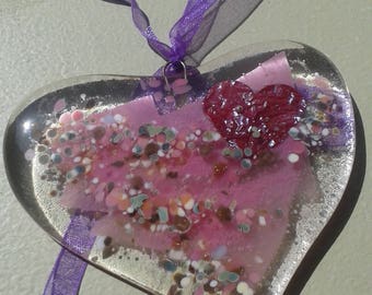 Heart, glass heart, suncatcher. Fused glass heart for your window or your wall. Suncatcher for window. Glass heart.