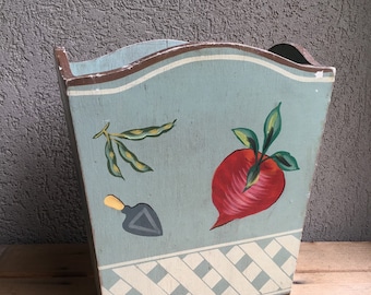 Wood Waste Paper Basket Bin Garbage Trash Can Wooden Hand Painted Garden Vegetables Vintage - #A1584