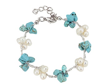 Bracelet with freshwater pearls and Turquoise stone on Japanese silk thread