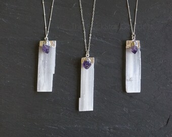 Selenite Necklace / Selenite Pendant / Amethyst Necklace / Silver Selenite Necklace / Raw Selenite Necklace / February Birthstone