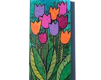 Tulip Painting - Orange, Pink, and Purple Flowers on Green and Blue - Original Mixed Media Art - Floral Wall Art Decor by Claudine Intner