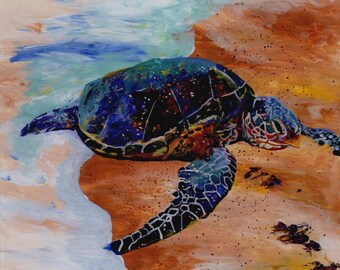 Kauai Sea Turtle Painting, Hawaiian Honu, Original Reverse Arcylic Art, Hawaii Paintings, Green Sea Turtles, Beach Ocean, Whimsical Animals