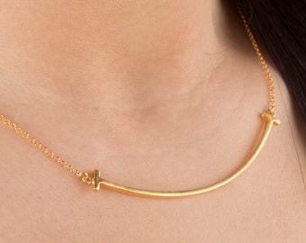 Smile pendant, Gold smile necklace, Rose T pendant, Gold pendant, 14k solid gold pendant, Rose gold necklace, Silver smile necklace