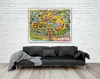 1971 Walt Disney World Magic Kingdom Map Print, Disney Poster, Reproduction Map Print, Fantasyland, Disney Princess Decor