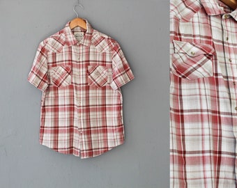 Men levis shirt, Checkered shirt, Vintage plaid mens shirt, Red Mens shirt, Plaid shirt, Button up shirt, Vintage Short sleeve shirt / Large
