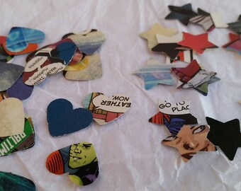 Comic book confetti, heart & star shape comic confetti, upcycled confetti, comic book party, superhero party, comic book wedding, geek party