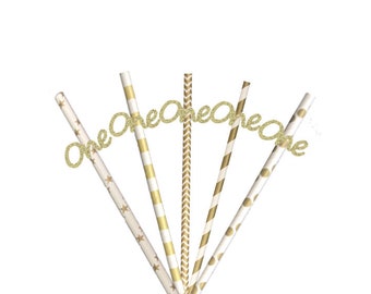 Number One Party Straws - Glittery Gold and Gold Straws - 1st Birthday Party Straws