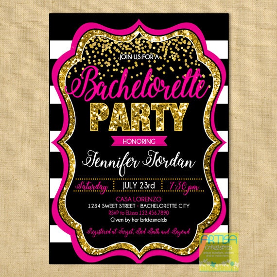 Black gold hot pink Bachelorette party invitation black hot