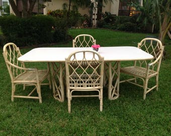 FICKS REED CHIPPENDALE Style Dining Table 73" long x 41" Chippendale style Dining Table Base / Ficks Reed style Faux Bamboo Retro Daisy Girl